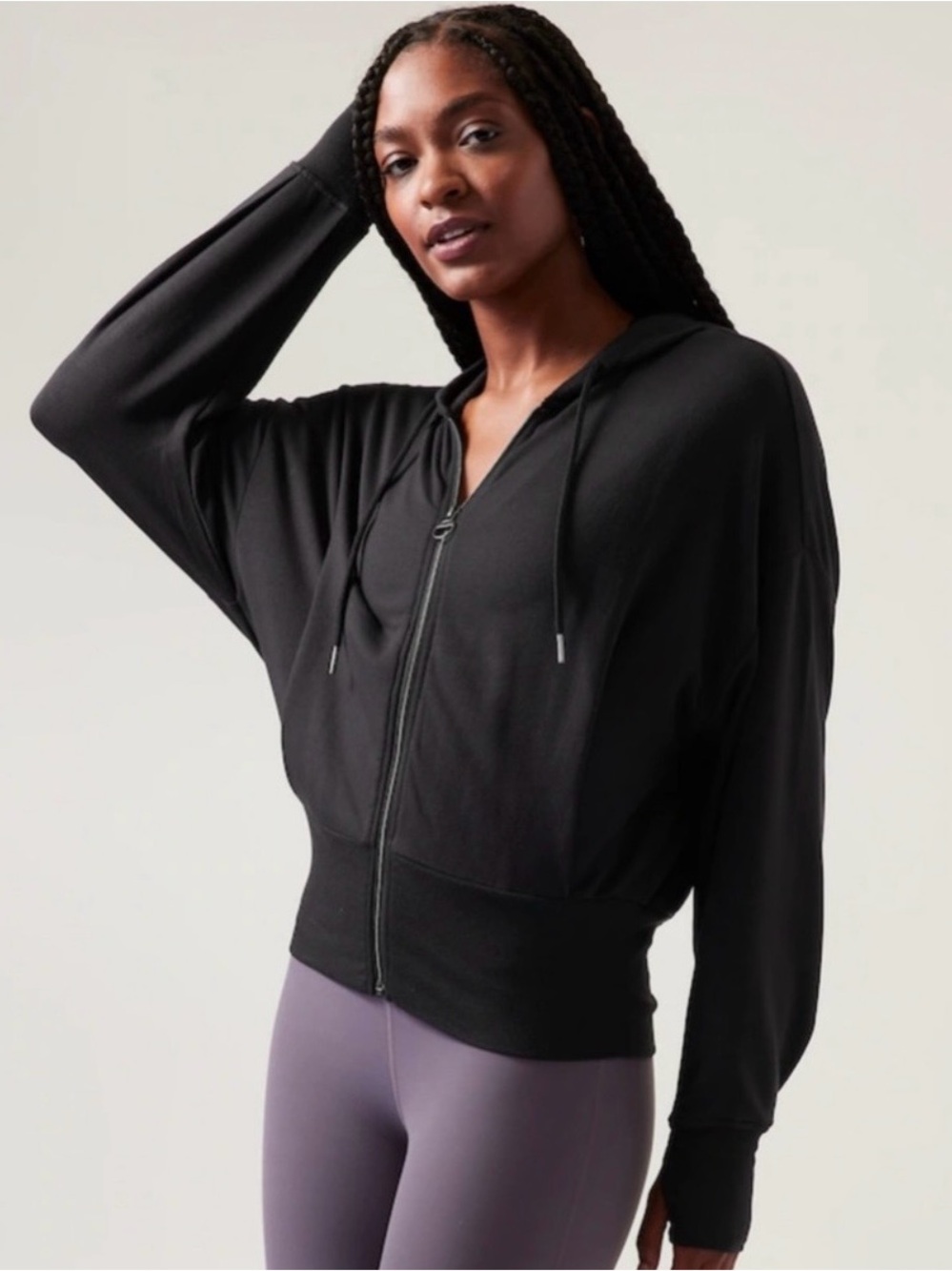 Athleta Black Zip-Front Hoodie with Drawstring